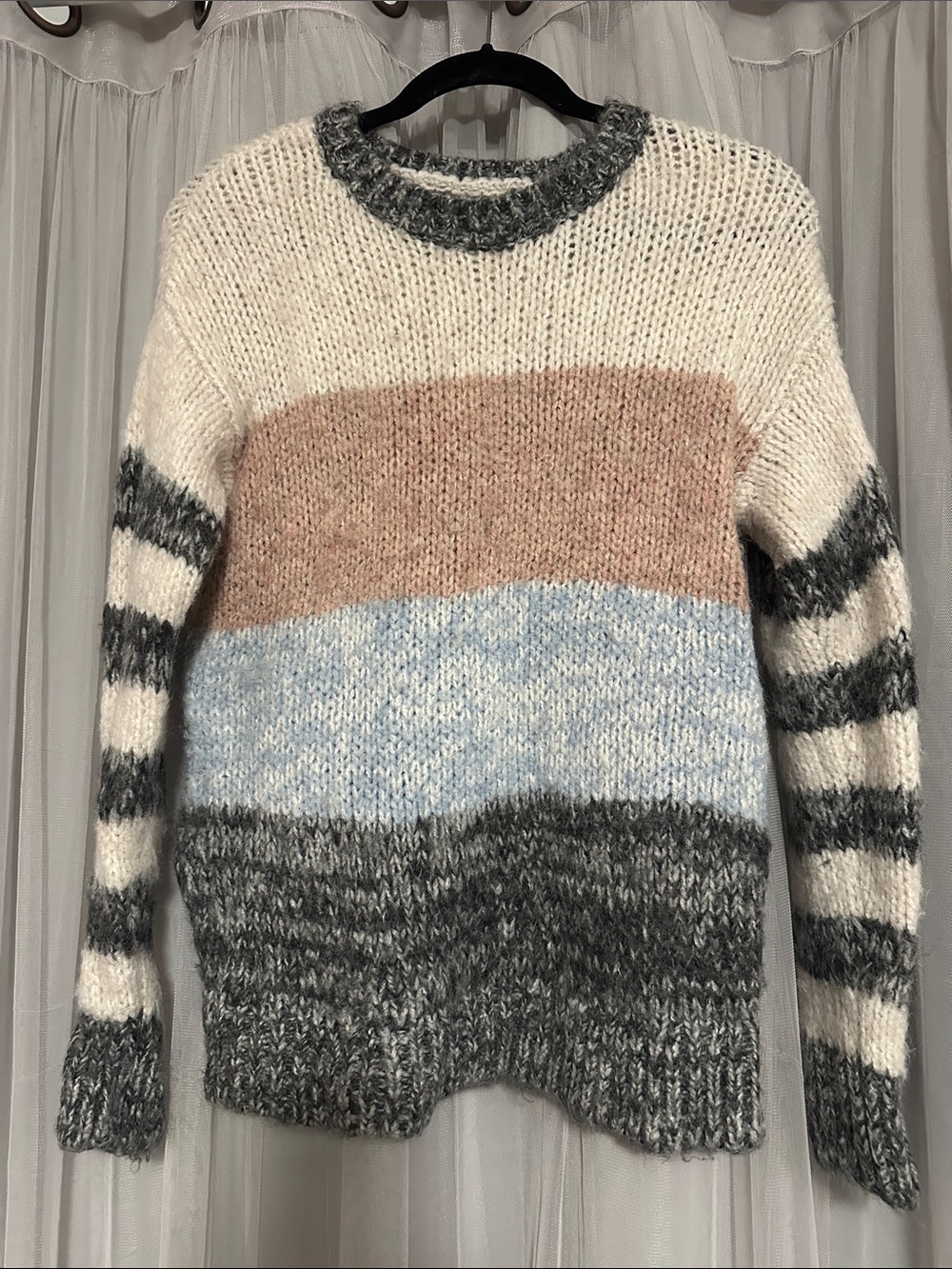 Striped Colorblock Crewneck Sweater in Cream, Blush & Light Blue